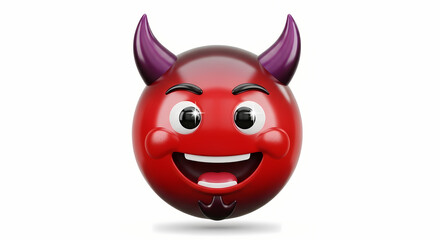 Fototapeta premium A red devil emoji with purple horns and a goatee smiling widely on a white background in a digital render