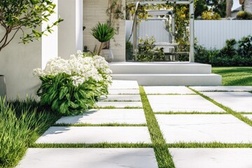 Outdoor patio pathway with white stone pavers and greenery