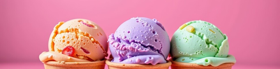 Three scoops of colorful gelato in pink background, delicious, frozen