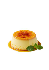 Perfectly torched crème brûlée with luminous, glass-like caramelized crust, mint leaf on white plate, transparent studio background, culinary perfection concept