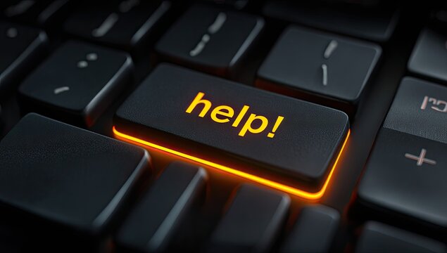 Close-up of a glowing "Help!" key on a computer keyboard (1)