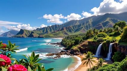 Sun-drenched beaches, lush green mountains, and turquoise waters meet in Maui's paradise. Volcanic peaks rise dramatically above cascading waterfalls and vibra, Hawaiian Islands, tropical