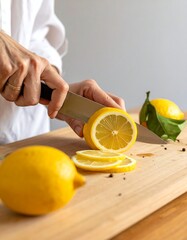 Person slicing lemon on wooden board