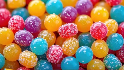 Vibrant, colorful gumdrops, soft jelly candy coated in sparkling sugar crystals. A delightful assortment of sweet treats, gummy, sweet snacks