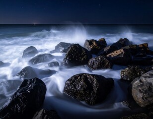 Night seascape with rocks
