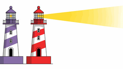Pair of Illustrated Lighthouses Shining Brightly a Red and White Guiding Beacon and a Purple striped nautical tower isolated on white
