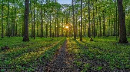 Sunlight streaming through tall trees in a lush green forest