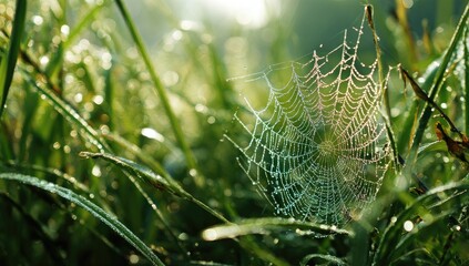 Delicate spiderweb in dewy grass at dawn