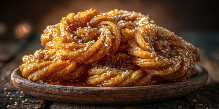 Moroccan chebakia cookies with sesame honey, close-up