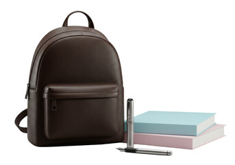 Sleek brown leather backpack, pastel folders, and silver fountain pen meticulously arranged on a seamless transparent studio background with bright diffused lighting, professional product showcase