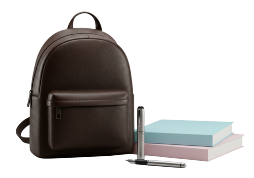 Sleek brown leather backpack, pastel folders, and silver fountain pen meticulously arranged on a seamless transparent studio background with bright diffused lighting, professional product showcase