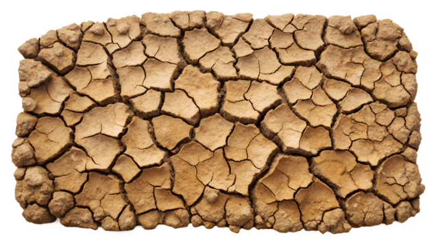 Dry cracked earth texture isolated on transparent background arid climate and soil erosion concept drought land surface with fissures and fractures