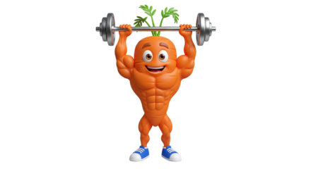 muscular bodybuilder carrot, fitness veggie isolated