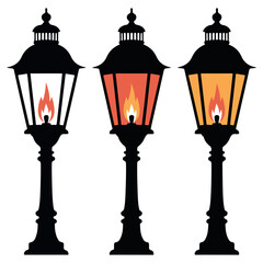 Three vintage gas street lamps with glowing flames illuminating the night in a classic outdoor setting