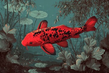 Vibrant red fish in a tranquil water garden