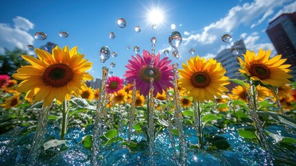 Sunlit flower field under blue skies with building background