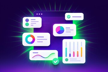 Digital dashboard displaying various charts and graphs with glowing neon lights and futuristic interface elements