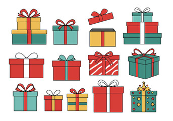 Collection of colorful gift boxes with ribbons and bows.