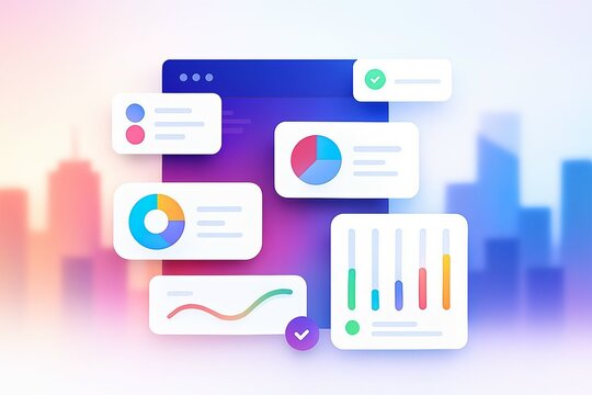 Modern digital interface displaying various financial charts and graphs with a city skyline in the background