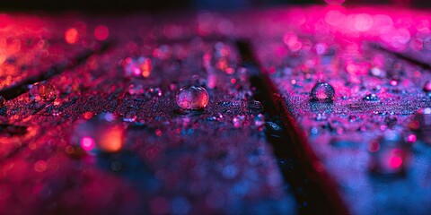 Close-up of water droplets on dark wood, illuminated by vibrant pink and blue light