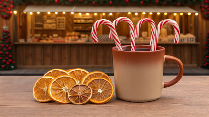Mulled wine market creates a festive atmosphere. A cozy cup with candy canes and dried oranges, set against a festive background.