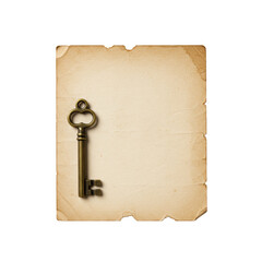 A distressed sepia vintage paper with torn edges and an antique brass skeleton key in a top-down flat lay on a clean transparent background, high-key studio light, quiet elegance concept