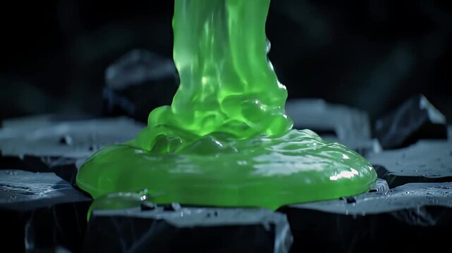 Thick, Bright Green Slime Being Poured onto a Dark, Rocky Surface
