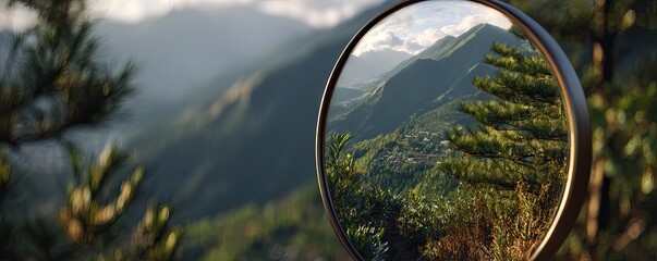 Mountain vista reflected in a round mirror