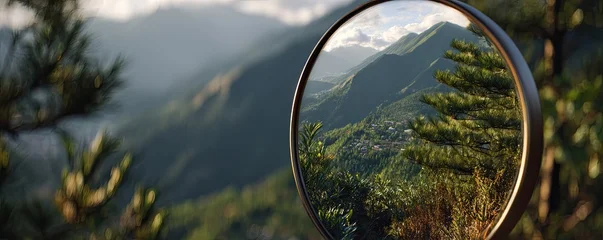 Tableau sur plexiglas Réflexion Mountain vista reflected in a round mirror  © Jihan