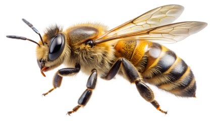 A closeup of a honeybee isolated on transparent background, capturing the intricate details of its anatomy and its vital role in pollination