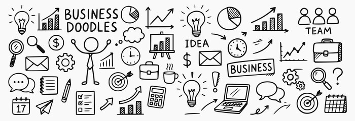 Hand-Drawn Business Doodles Vector in Black and White Line Art