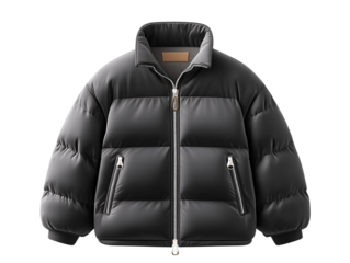 black quilted puffer jacket front view, modern tailored puffer jacket outdoor apparel, sleek minimal quilted jacket product photo, Isolate Transparent, PNG Die-Cut For Advertising