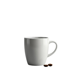 White ceramic coffee mug with delicate rising steam, a dark roasted coffee bean beside it, centered on a seamless transparent studio background. Concept of quiet perfection and sensory appeal