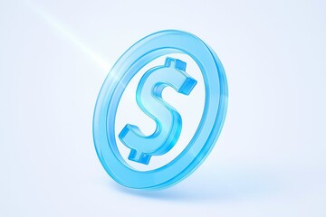 Fototapeta premium A translucent blue dollar sign coin with a bright light shining on it against a clean white background