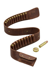 Vintage brown leather bandolier with worn texture, light stitching, gleaming brass & copper cartridges, polished brass disc, isolated on seamless transparent studio background. High-quality product