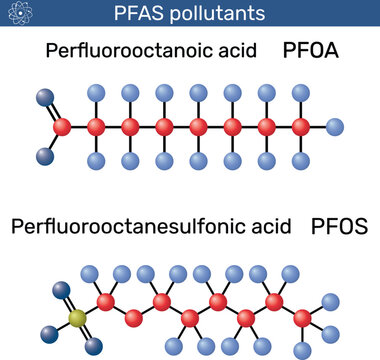 Perfluorooctanoic acid PFOA and Perfluorooctanoic acid PFOA (perfluorooctane sulfonate ) molecule. PFAS pollutant and persistent organic contaminant. Vector illustration