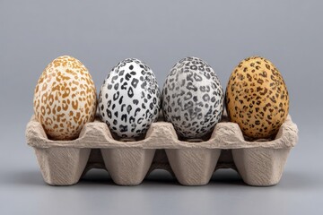 Four decorated eggs in a cardboard egg carton