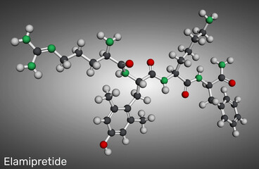 Elamipretide molecule. Mitochondria-targeted tetrapeptide studied for treatment of Leber's hereditary optic neuropathy and Barth syndrome. Molecular model. 3D rendering. Illustration