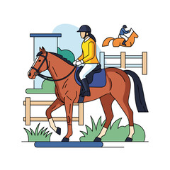 Equestrian woman in a helmet and yellow jacket riding a graceful brown horse in a show jumping arena.