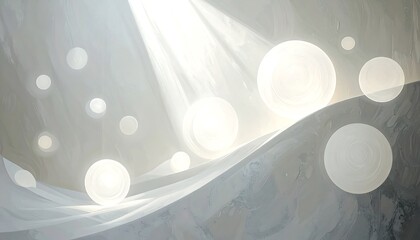 Ethereal abstract landscape with spheres, radiant beams, and flowing, sculpted surfaces