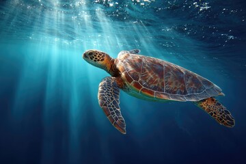 Obraz premium Sea turtle swimming underwater, sunbeams (1)