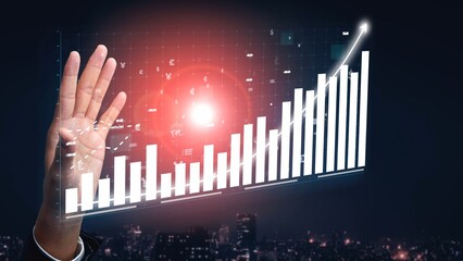 The image features a hand gesturing towards a digital growth graph against a night city backdrop, representing innovation and financial progress in a vibrant urban landscape. Copula