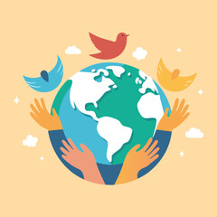 Hands gently cradle the vibrant earth with colorful doves of peace soaring above symbolizing global unity harmony and a hopeful future for all humanity