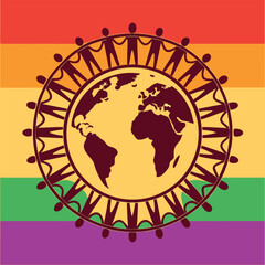 Symbolic representation of global unity and diversity with a diverse group of people holding hands in a circle around the earth on a rainbow flag background