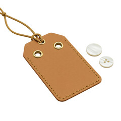 A close-up of a caramel-brown vegan leather brand tag with golden cord loops and a mother-of-pearl button, isolated on a transparent background. Concept of luxury fashion accessories