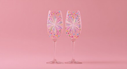 Two champagne flutes, painted with colorful fireworks