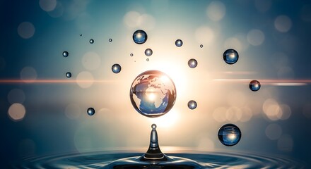 Glistening globe of Earth levitating over a water ripple with sparkling droplets against a luminous sunrise