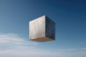 A solitary cube floats in a cerulean sky