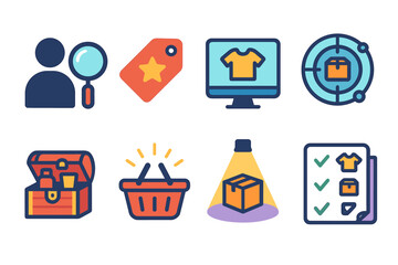 Vibrant Product Icons. Product Hunt icons in modern flat : shopper silhouette with magnifier, product tag with star, digital screen showing item,