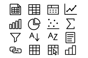 Data analysis linear icon set. featuring spreadsheet, chart, graph, filter, pie chart, grid, and sum symbols